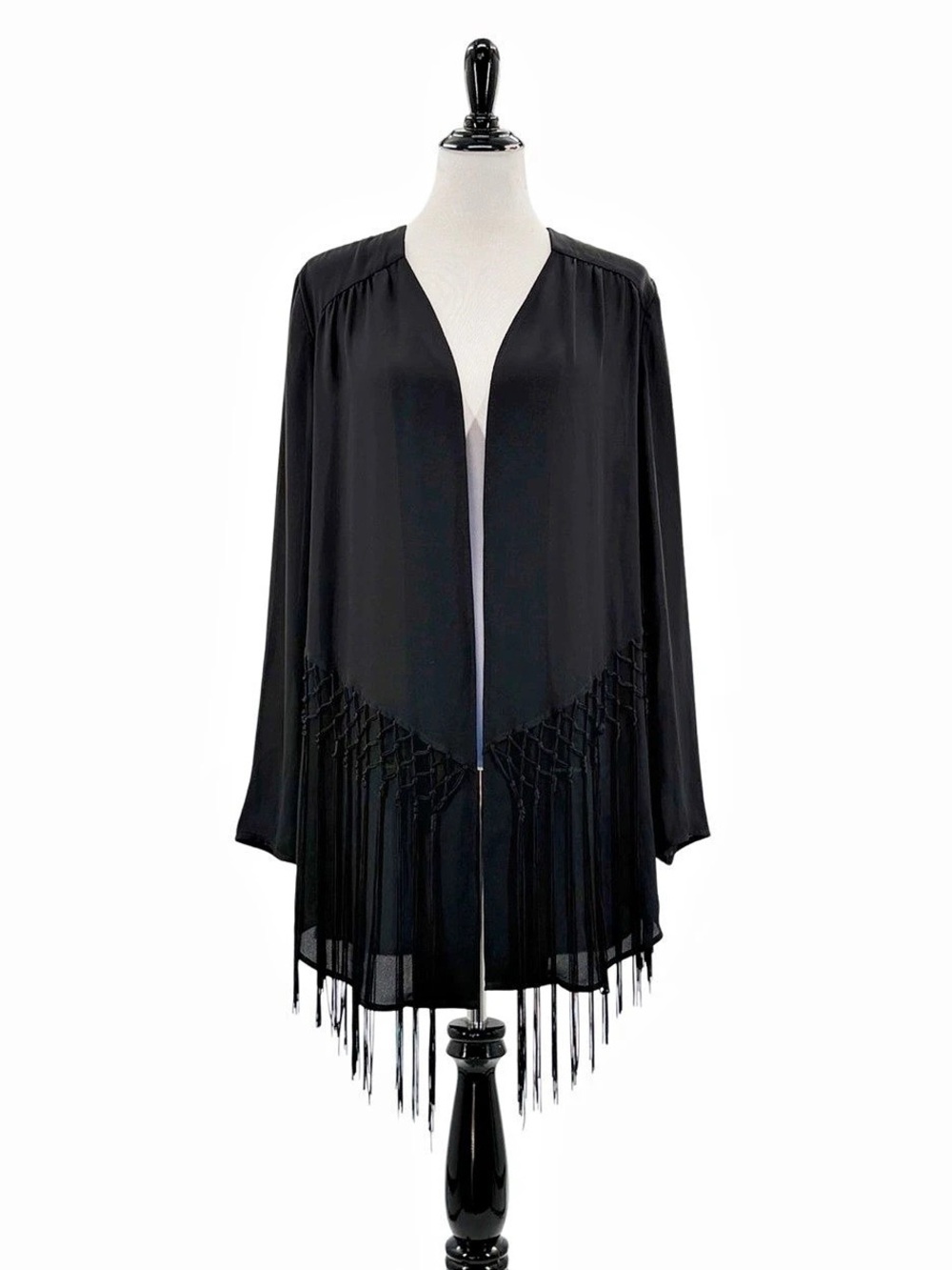 Chico’s Size Large Black Fringe Kimono Cardigan Open Front Boho Jacket Sheer 2